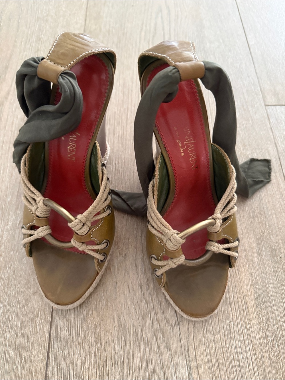 Saint Laurent Olive Green Espadrille Wedge Sandals with Scarf Tie